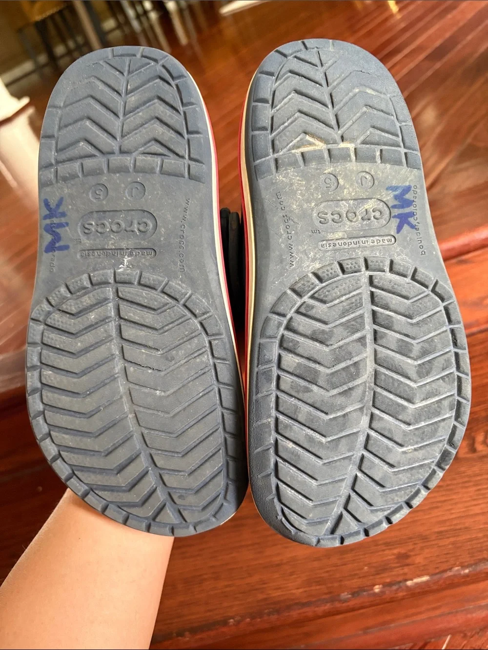 CROCS Kids Navy Clogs with Red and White Trim